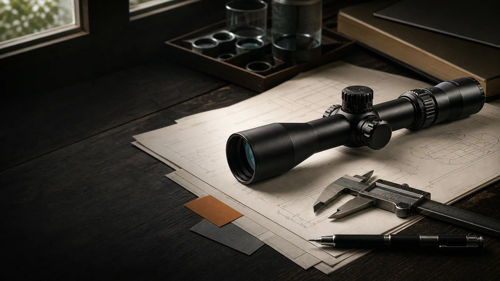 A riflescope resting on technical drawings beside measurement tools